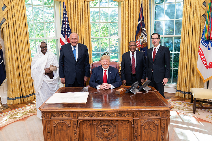 (2019) President Donald J. Trump, joined by Secretary of the Treasury Steven Mnuchin, meets with the Minister of Foreign Affairs of the Republic of Sudan Asma Mohamed Abdalla, left, the Minister of Foreign Affairs of the Republic of Egypt Sameh Shoukry, and the Minister of Foreign Affairs of the Federal Democratic Republic of Ethiopia Gedu Andargachew, in the Oval Office of the White House Wednesday, where President Trump expressed his support for Egypt, Ethiopia, and Sudan’s ongoing negotiations to reach a collaborative agreement on the Grand Ethiopian Renaissance Dam