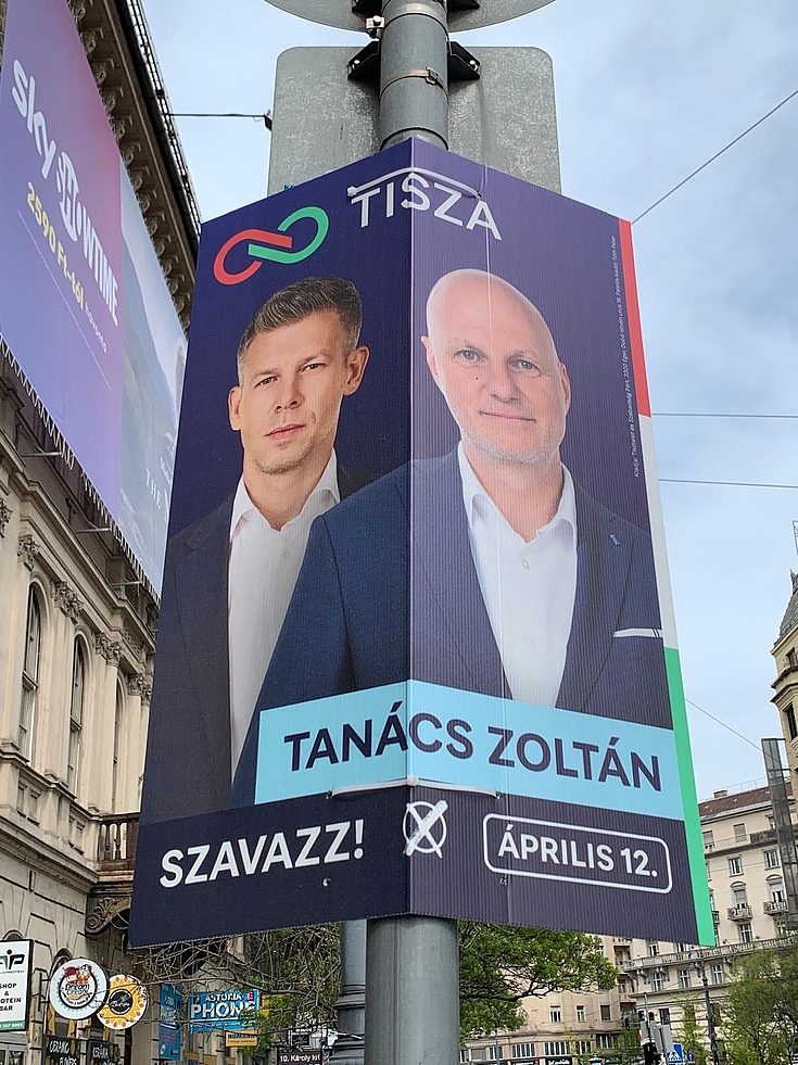 Election winner Péter Magyar (left) with a direct candidate in Budapest.