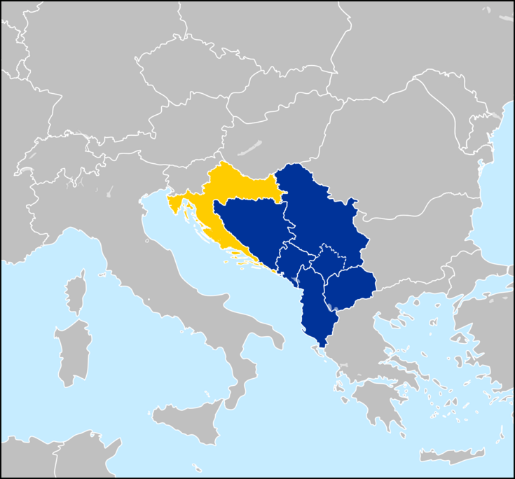 Countries of the Western Balkans; Albania, Bosnia & Herzegovina, Montenegro, North Macedonia and Serbia. Kosovo, whose independence is disputed, is also demarkated. 
Croatia, sometimes considered a part of the Western Balkans, joined the EU in 2013.
