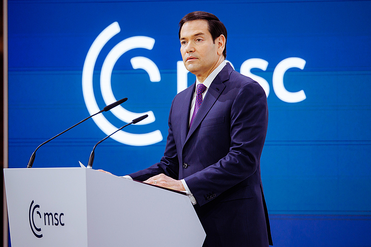 Amerikanischer Außenminister und Nationaler Sicherheitsberater von U.S.-Präsident Trump: Marco Rubio auf der MSC 2026.