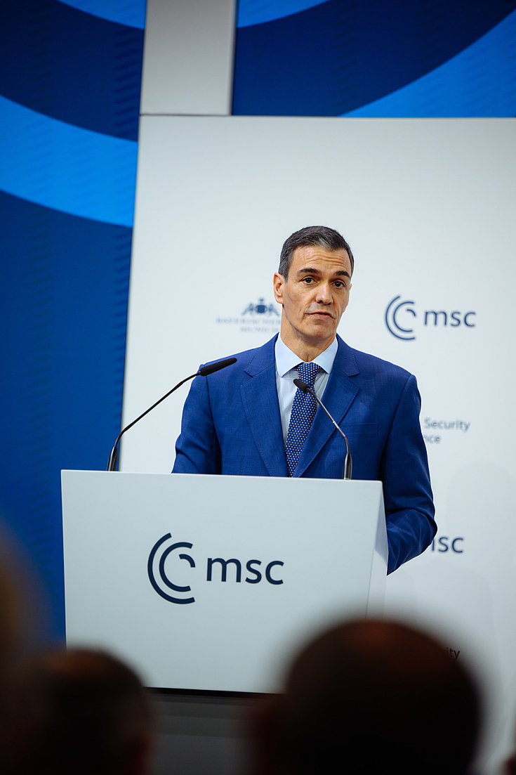 Spoke out against nuclear rearmament: Spanish Prime Minister Pedro Sánchez at the Munich Security Conference 2026.