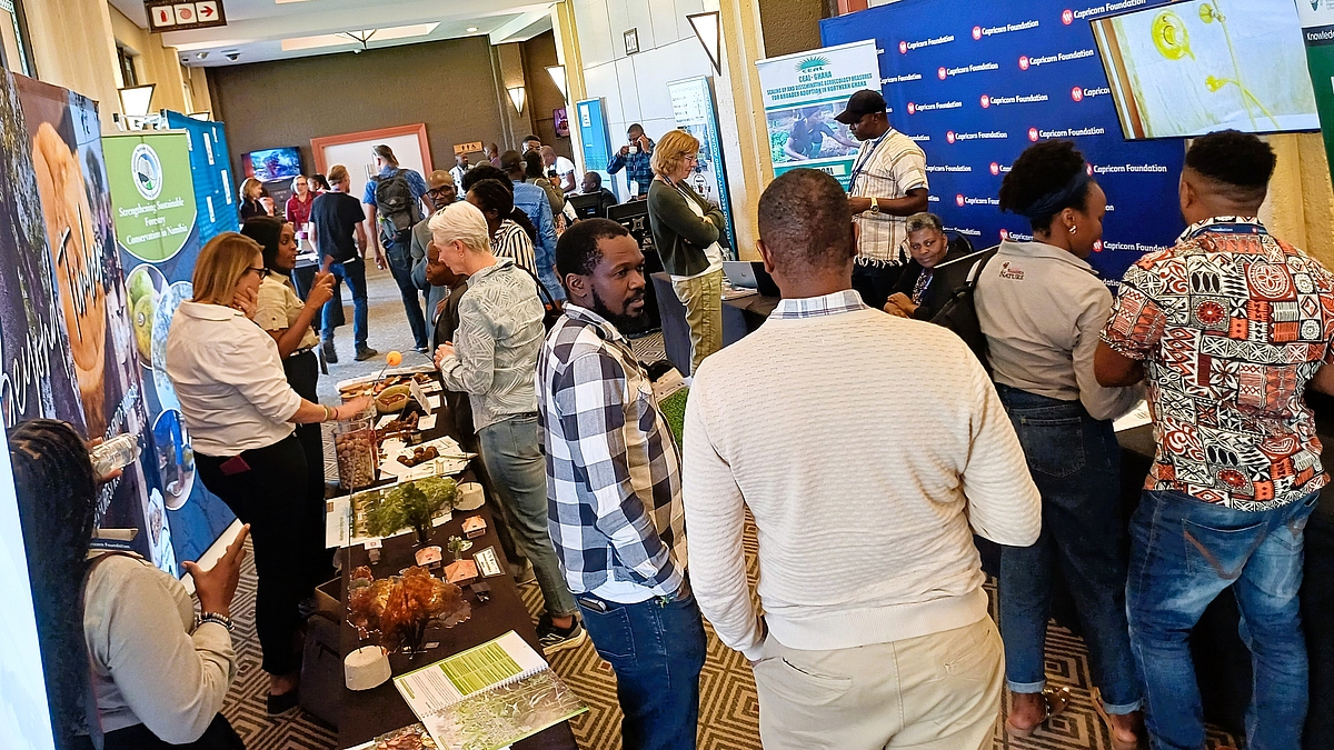 Attendees exploring the exhibition at Namibia’s Agroforestry Conference, engaging with GMACC partners and learning about innovative solutions and initiatives in the field of climate change