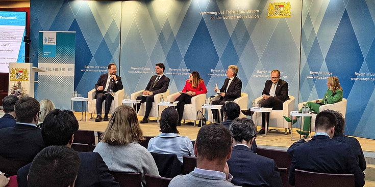 Discussed priorities and challenges for European defence (left to right): Benjamin Hartmann, European Commission; Andrius Avizius, NATO Parliamentary Assembly; Ionela Ciolan, Wilfried Martens Centre; Graham Webber, UK Joint Mission to NATO; Teri Schulz, Moderator. Brussels, 9 June 2026.